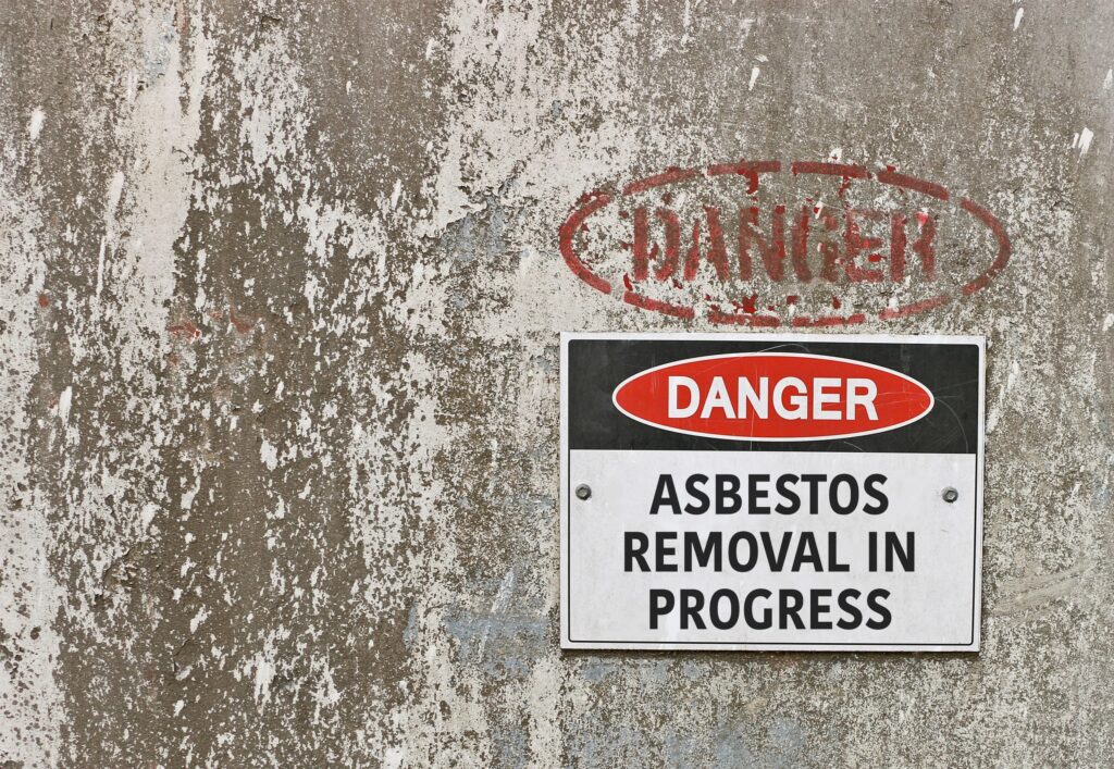 Link Resources remove friable asbestos warning sign indicating asbestos removal in progress