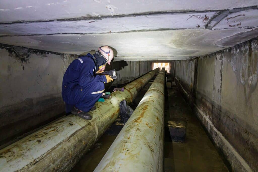 A technician in a respirator and hard hat inspecting industrial piping within a narrow underground tunnel, showcasing confined space entry skills.