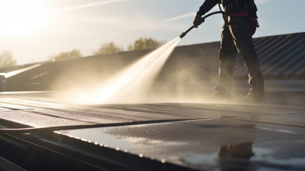Link Resources Use High Pressure Water Jetting Equipment training worker pressure washing roof surface with water jet