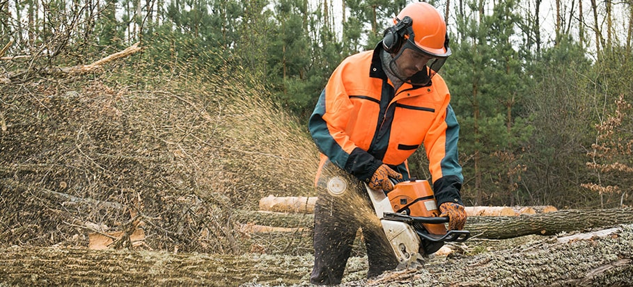 A person in an orange jacket, hard hat with ear protection, and face shield is operating a chainsaw to cut a felled tree trunk in a forest. Wood chips are flying from the saw.